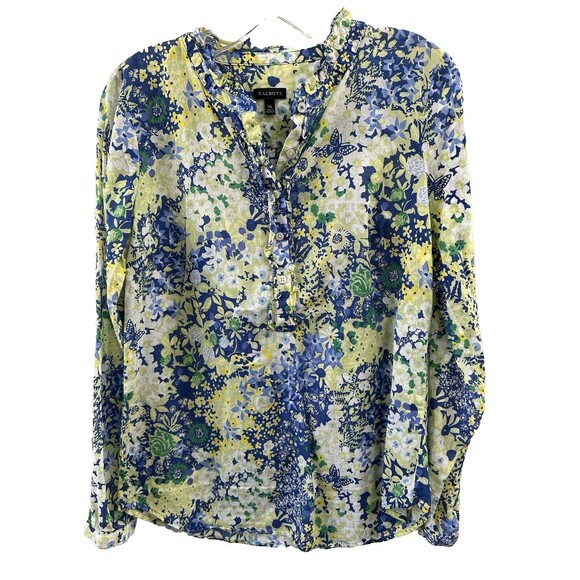 Talbots Blue Yellow White Floral Print LS Womens Top Size XS Ruffle Trim - Picture 1 of 8